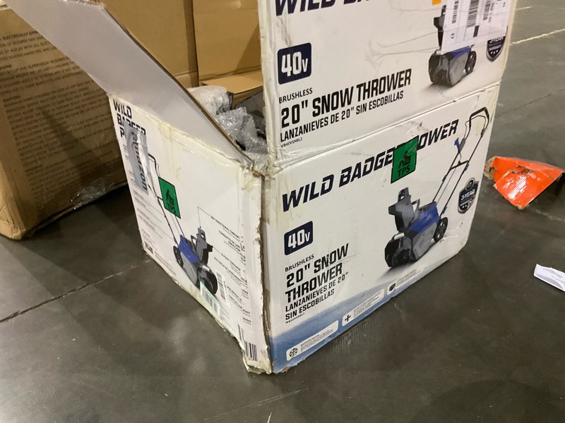 Condition photo showing New/Like New for wild badger power snow blower 40v proline 20" cordless,26 ft throw,16-driveway,brushless single-stage,2 * 4.0ah battery & fast charger,led lights,lightweight for driveways & sidewalks 40v 2pcs battery