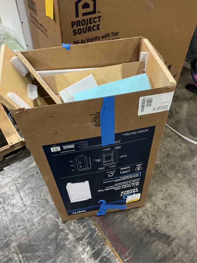 Condition photo showing As Is for project source 18 inch vanity with white cultured marble top 