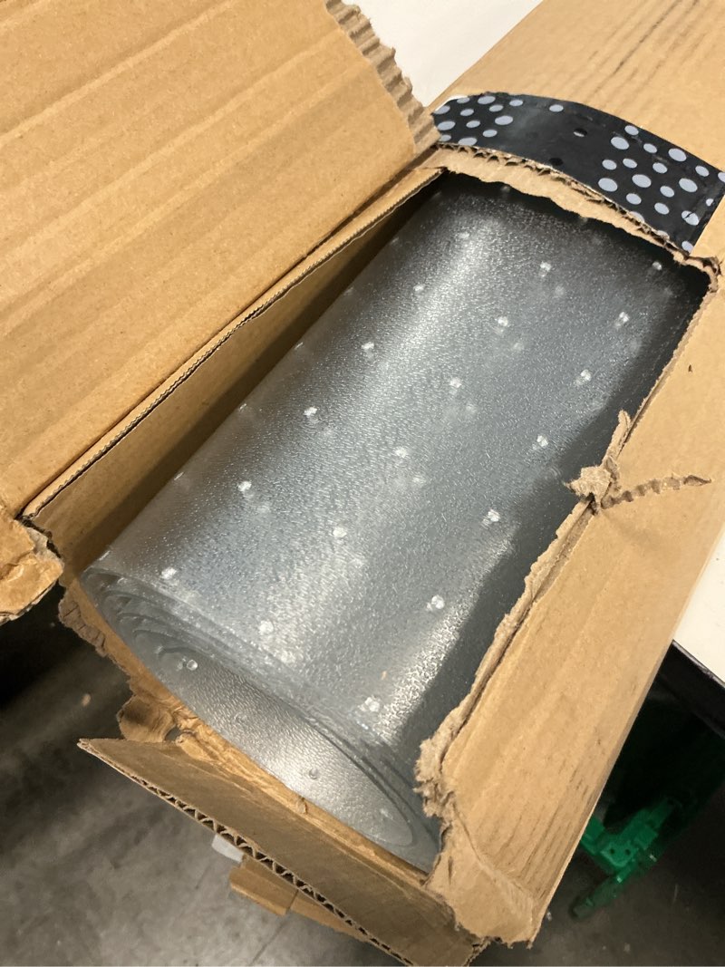 Condition photo showing Good Condition for office chair mat for carpet, 46" x 60" heavy duty clear pvc large floor protector with studded backing, non-slip plastic mat for office chair, desk & rolling computer gaming chair on low pile carpet