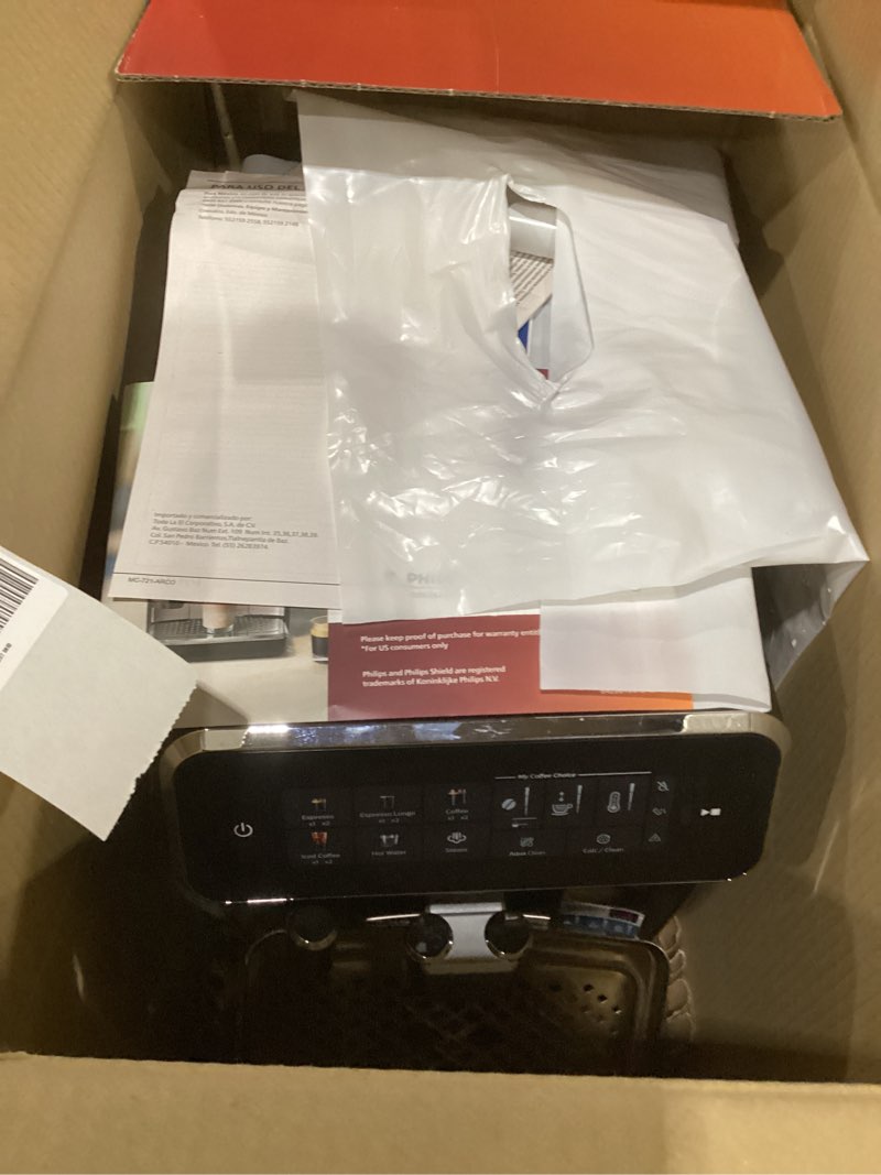 Condition photo showing As Is for Philips 3300 Series Fully Automatic Espresso Machine with integrated milk frother and grinder, 5 Hot & Iced Coffee Pre-Sets, 40% Quieter SilentBrew, 15-Bar Pressure, Glossy Black (EP3326/90) Black Chrome 9.7"D x 17"W x 14.6"H