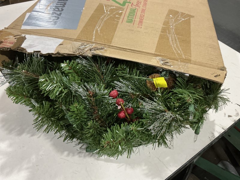 Condition photo showing As Is for National Tree Company Pre-Lit Artificial Christmas Wreath, Green, Carolina Pine, White Lights, Decorated with Pine Cones and Glitter, Berry Clusters, Christmas Collection, 30 Inches 30 in Plug In Wreath