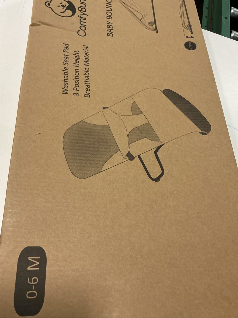 Condition photo showing New/Like New for comfybumpy ergonomic baby bouncer seat - bonus travel carry case - safe, portable bouncing chair with adjustable height positions - infant bouncy seat perfect for newborn babies (grey)