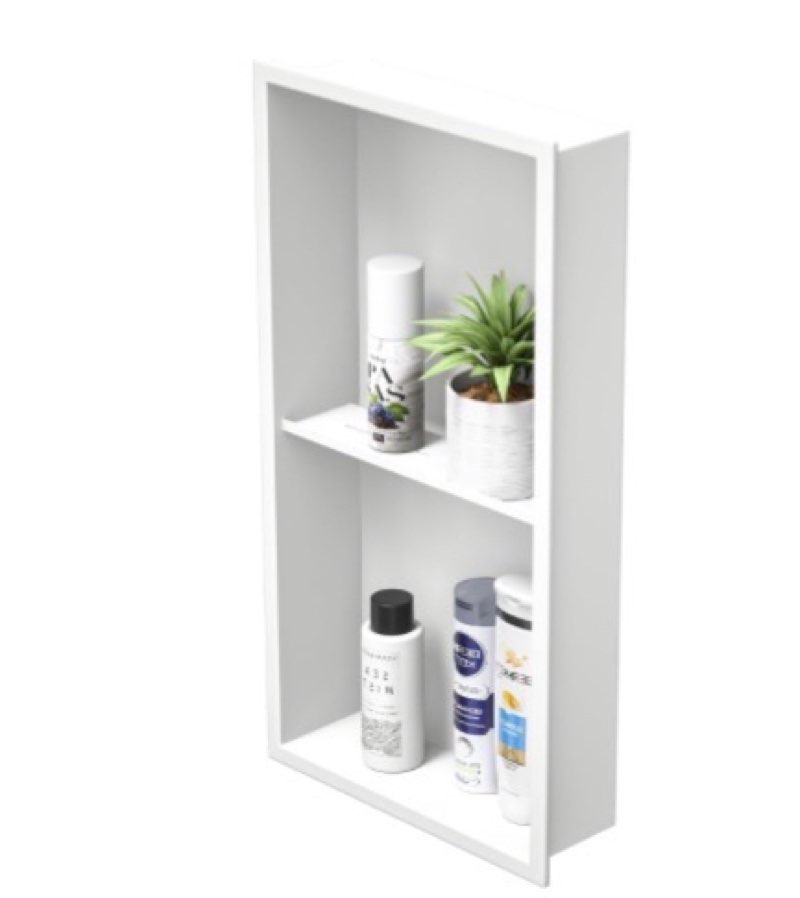 homevacious 12\"×24\" stainless steel shower niche no tile needed matte black double shelves bathroom niche shelf rimless recessed wall niche for bathroom storage( white