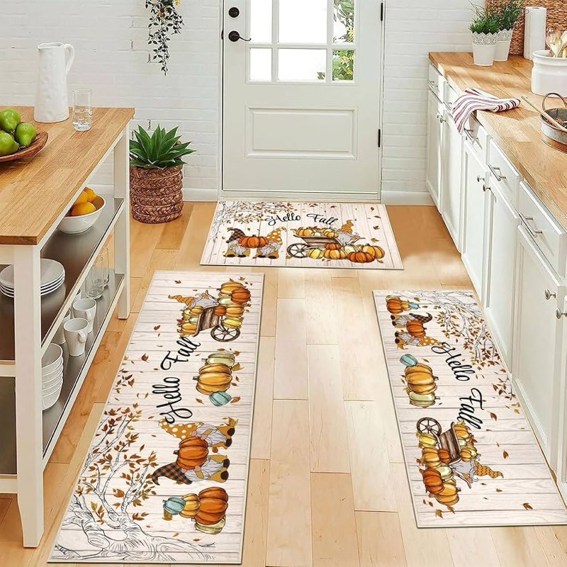 Ileading Fall Kitchen Rugs Set - 3 Piece Mats with Non Slip Backing, Washable Runner for Sink