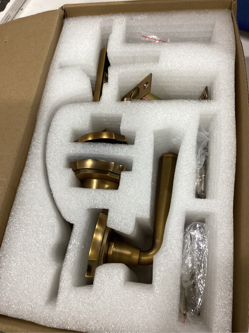 Condition photo showing As Is for 1 pack antique brass front door handle and deadbolt set reversible lever entry handleset with lock and key single cylinder door handle with deadbolt antique brass 1