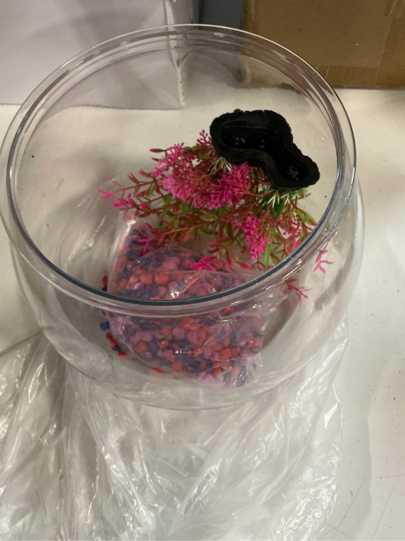 Condition photo showing Good Condition for 1 gallon fish tank with artificial plastic plants and 1 lb decorative gravel, plastic small fish bowl clear round goldfish betta tank for table centerpiece home decor clear red aquatic plant