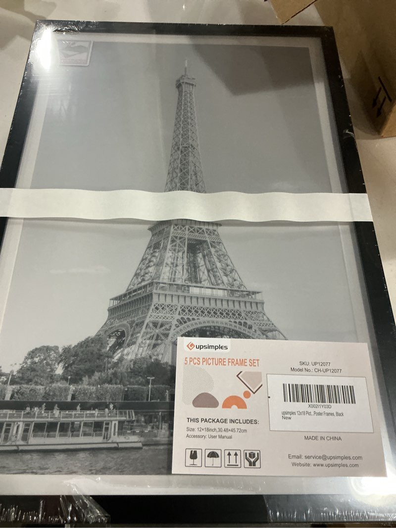 Condition photo showing New/Like New for upsimples 12x18 picture frame set of 5, display pictures 11x17 with mat or 12 x 18 without, wall gallery poster frames, black black 12x18
