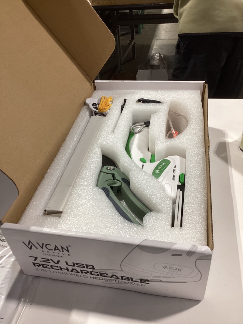 Condition photo showing Good Condition for 2 in 1 hedge trimmer cordless, 7.2v electric grass cutter and hedge shears, handheld shrub bush trimmer, lightweight grass shears with 2 blades, rechargeable garden tool with battery and type-c cable green