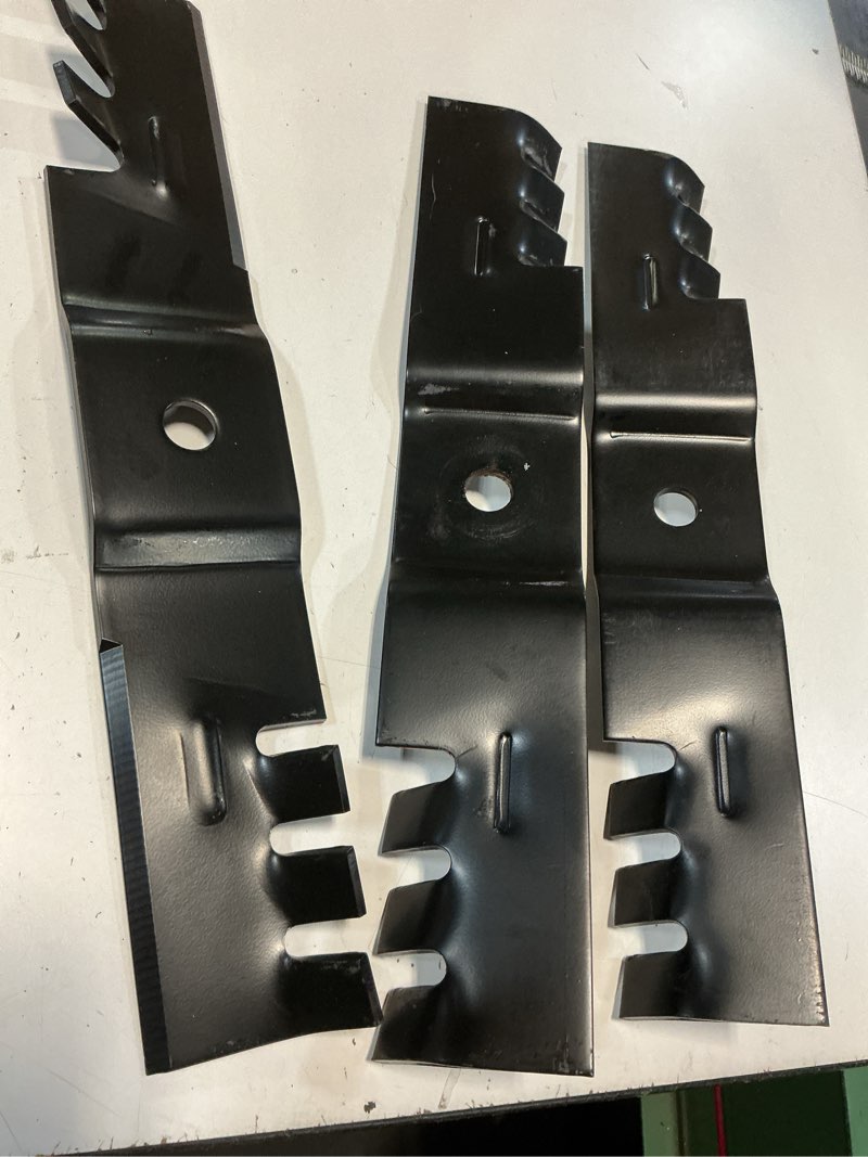 Condition photo showing As Is for m115495 mulching blades compatible with john dee re 48" deck, m113517 gator blades for john dee re scotts 48 in mower 325 f510 gt242 gx345, replace for m115328 m114581 m111522, 3 pack