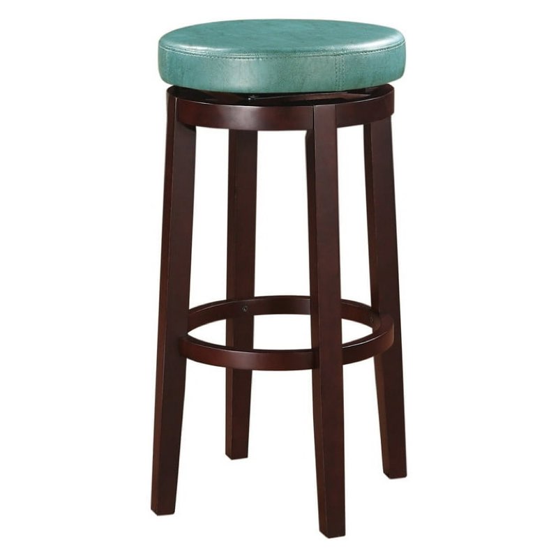 Linon Maya 31" Teal Blue Faux Leather Swivel Bar Stool in Brown Wood Frame