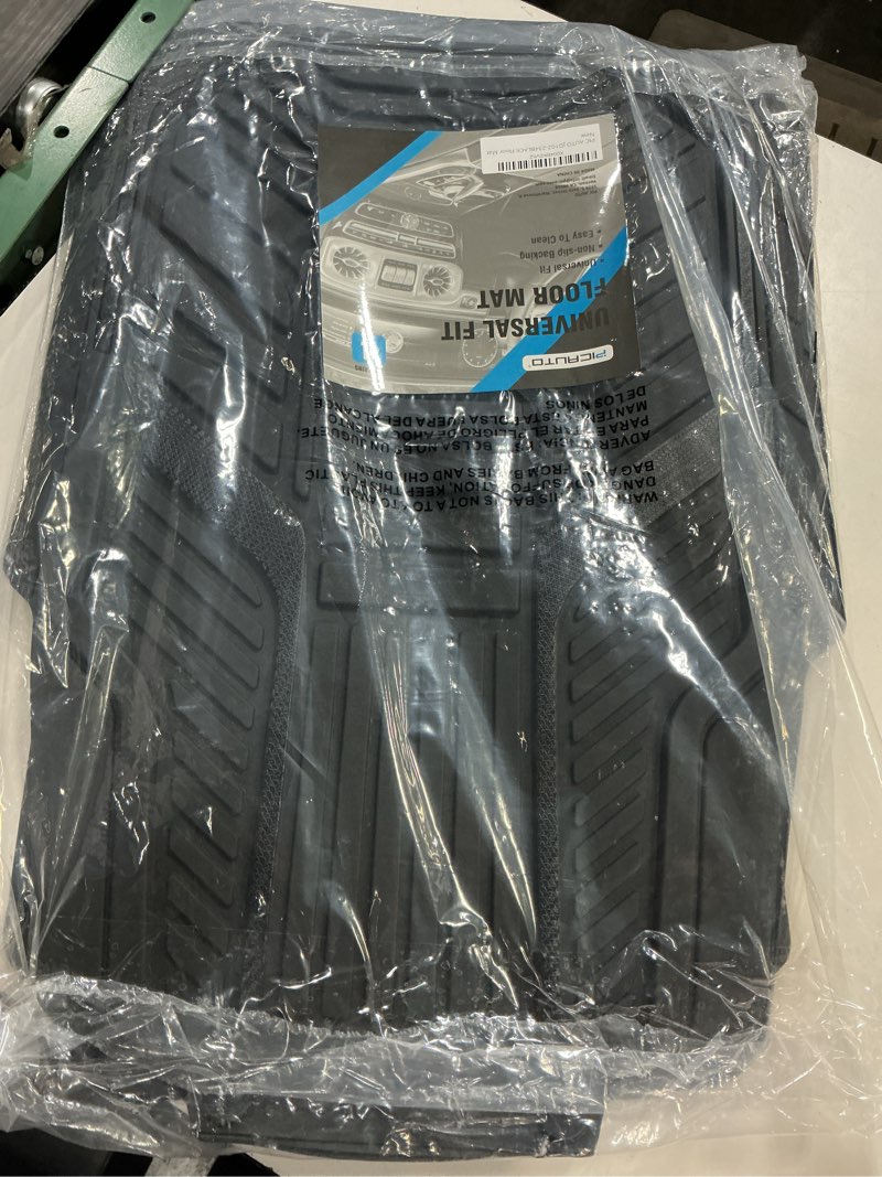 Condition photo showing New/Like New for pic auto heavy duty rubber floor mats, black aluminum film car mats set, front and rear car mats with anti-slip backing, all weather protection, trim-to-fit for automotive suv, sedan, van