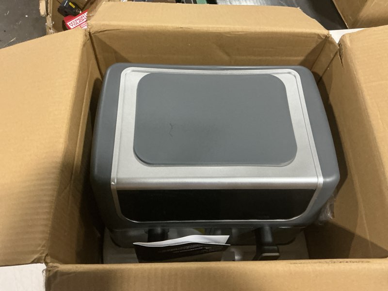 Condition photo showing As Is for simple deluxe 9.5-qt dual basket air fryer, 10-in-1 digital preset 1700w airfryer, sync cook, independent temp control, shake reminder, nonstick basket, grey