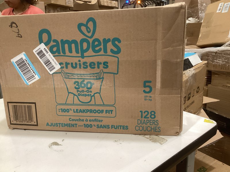 Condition photo showing New/Like New for Pampers Diapers - Cruisers 360 - Size 5, 128 Count, Babyproof up to 100% Leakproof Pull-On Diaper Size 5 128