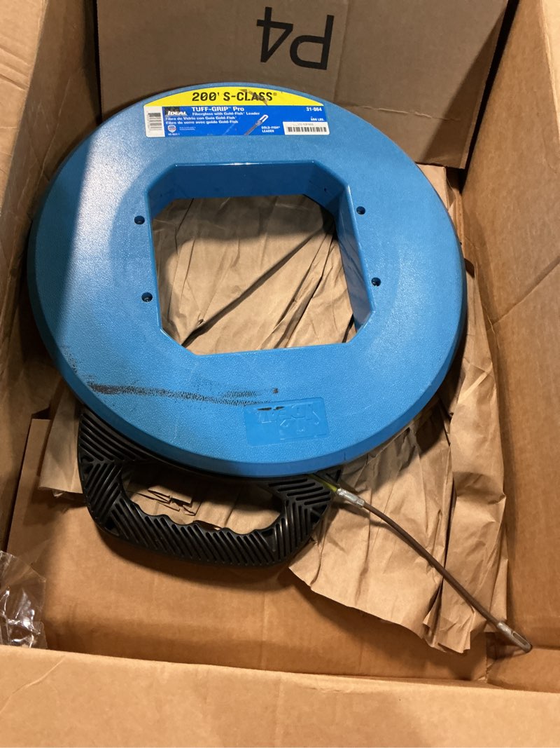 Condition photo showing As Is for ideal electrical 31-064 s-class fiberglass fish tape 3/16 in. x 200 ft., non-conductive fishing tape with leader, tuff-grip pro case 200 ft. leader