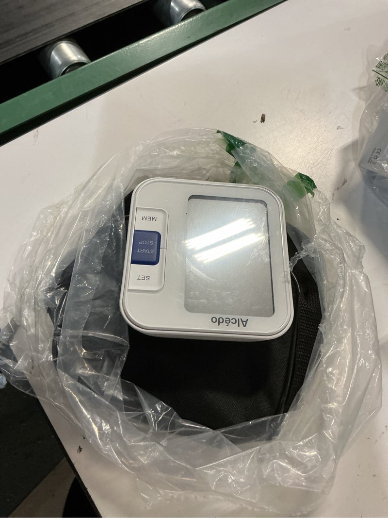 Condition photo showing As Is for alcedo blood pressure monitor for home use, automatic digital bp machine with large cuff for upper arm, lcd screen, 2x120 memory, talking function