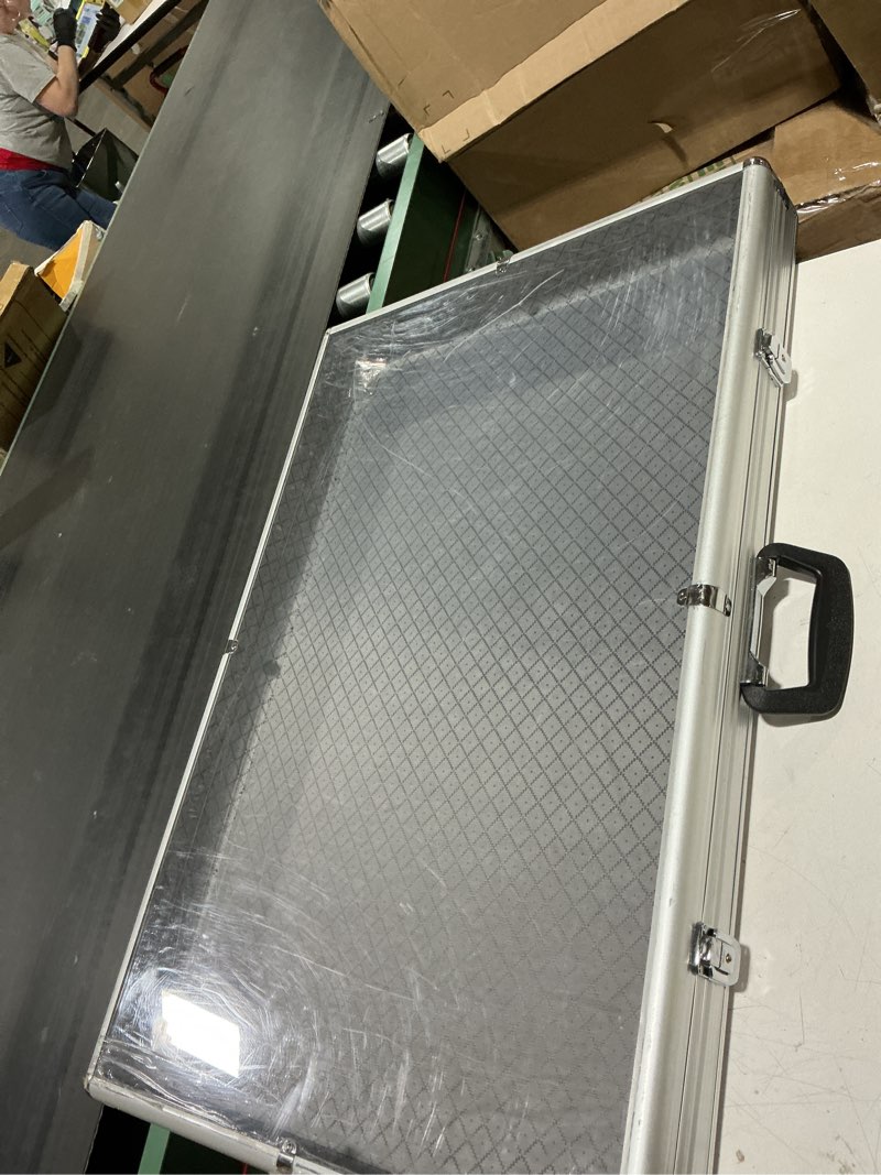 Condition photo showing As Is for ultra-thin 31.4 x 23.6inch portable aluminum card display case with felt tote bag, high-transparency acrylic, 3 anti theft locks, sports trading card show case for collectible cards jewelry jersey silver