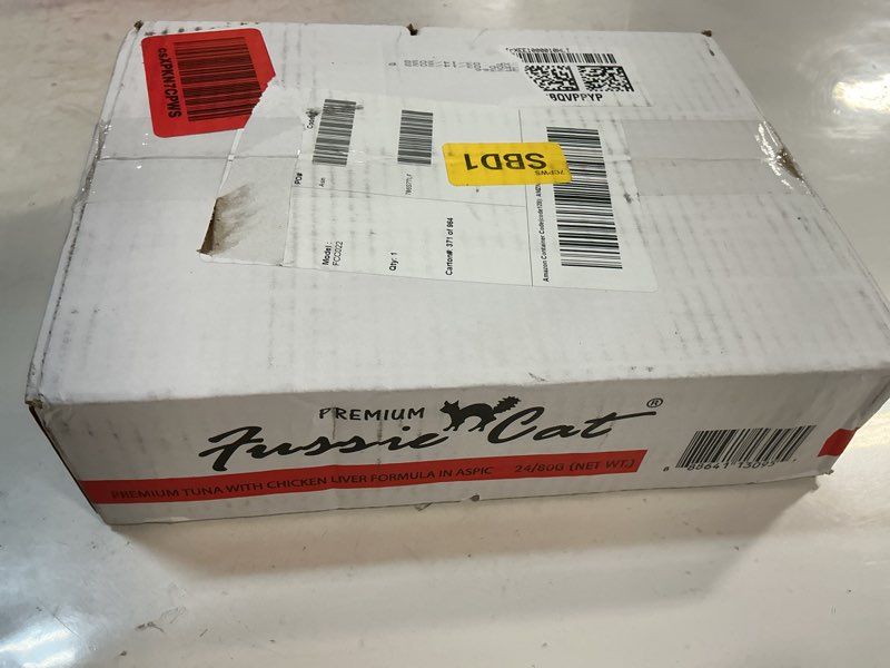 Condition photo showing New/Like New for (Exp:03/14/2028) Fussie Cat Premium Tuna with Chicken Liver Formula in Aspic 24ct Case 2.82oz cans