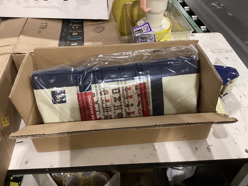 Condition photo showing Good Condition for yellow mountain imports american mahjong set, harbor mint with beige and blue canvas tote bag - 4 all-in-one racks with pushers, wright patterson scoring coins, dice, & wind indicator emerald