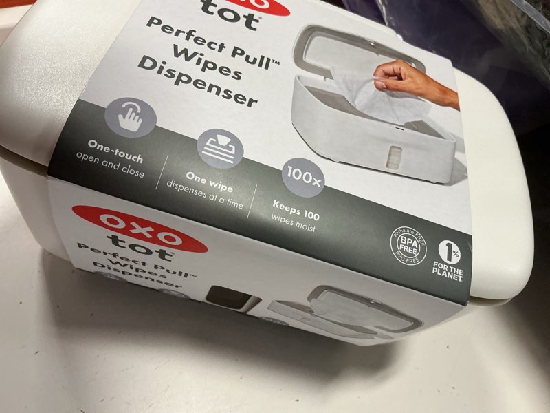 Condition photo showing As Is for does not close all the way oxo tot perfect pull wipes dispenser, gray