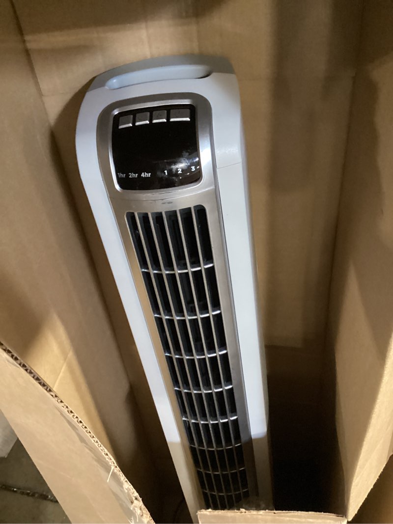 Condition photo showing As Is for lasko oscillating tower fan with remote control, 3 quiet speeds, timer for bedroom, kitchen, office use, white, 36" 2510 white fan