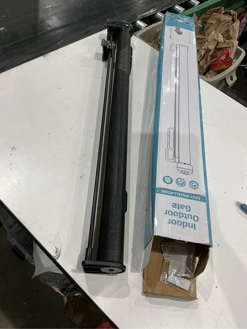 Condition photo showing As Is for probebi retractable baby, child & dog gates for stairs, extends to 54" wide 34" tall, use for outdoor, indoor, hallways, doorways, deck, porch, black a-black 34" tall x 54" wide