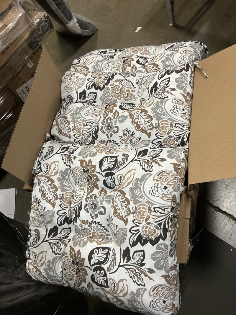 Condition photo showing Good Condition for pillow perfect floral indoor/outdoor  2 piece split back round corner chair seat cushion with ties, deep seat, weather, and fade resistant, 40.5\" x 21\", black/tan dailey, 1 count
