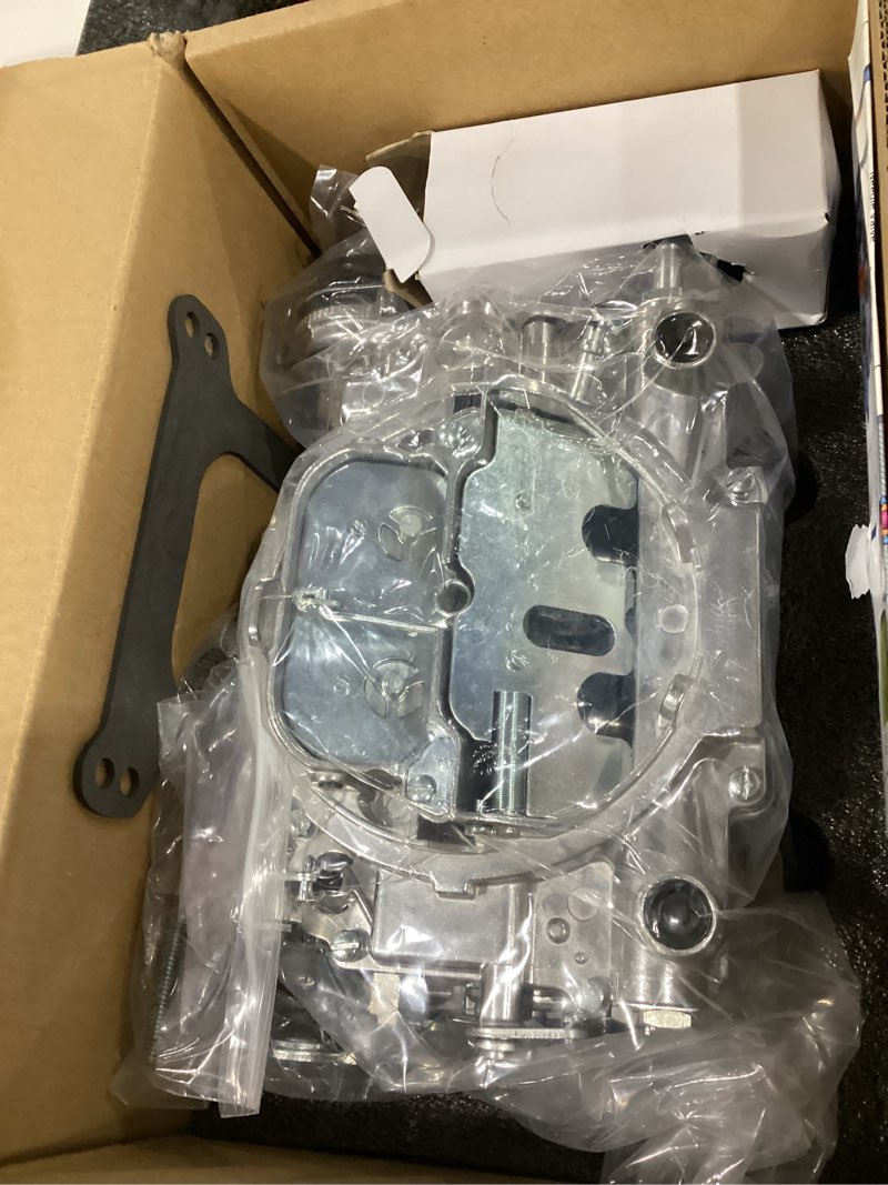 Condition photo showing As Is for carburetor 1906 avs2 650 cfm 4-barrel carb with electric choke satin finish replacement for edelbrock 1906 av2 carburetor square flange new annular flow booster