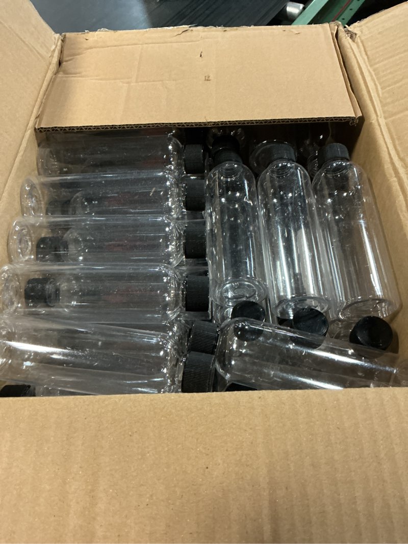 Condition photo showing Good Condition for dandat 100 pcs plastic juice bottles with caps clear shot bottles bulk empty reusable clear beverage containers with lids, label, pen for milk, drinking, potion, ginger shots, whiskey(6 oz)