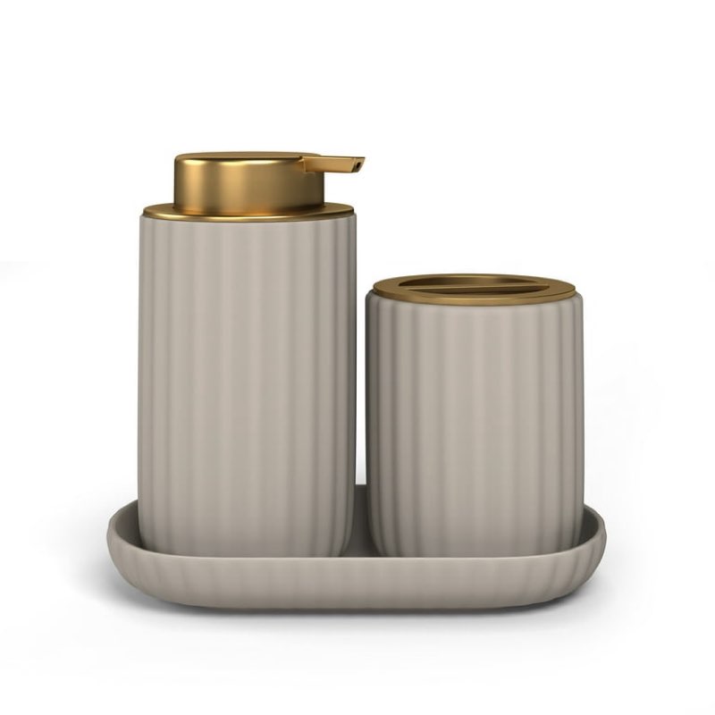 Beautiful Fluted Stoneware Bath Accessories 3-Piece Set by Drew Barrymore, Porcini Taupe