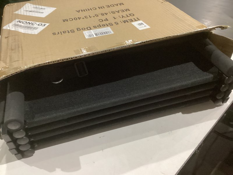 Condition photo showing As Is for Extra Wide 5 Steps Dog Stairs for Large Dogs, Foldable Dog Ramp for Car with Non-Slip Surface, Lightweight Dog Stairs for Cars, Dog Steps for Cars, SUV, High Beds, Truck, Supports up to 250 lbs Extra Wide-5 Steps