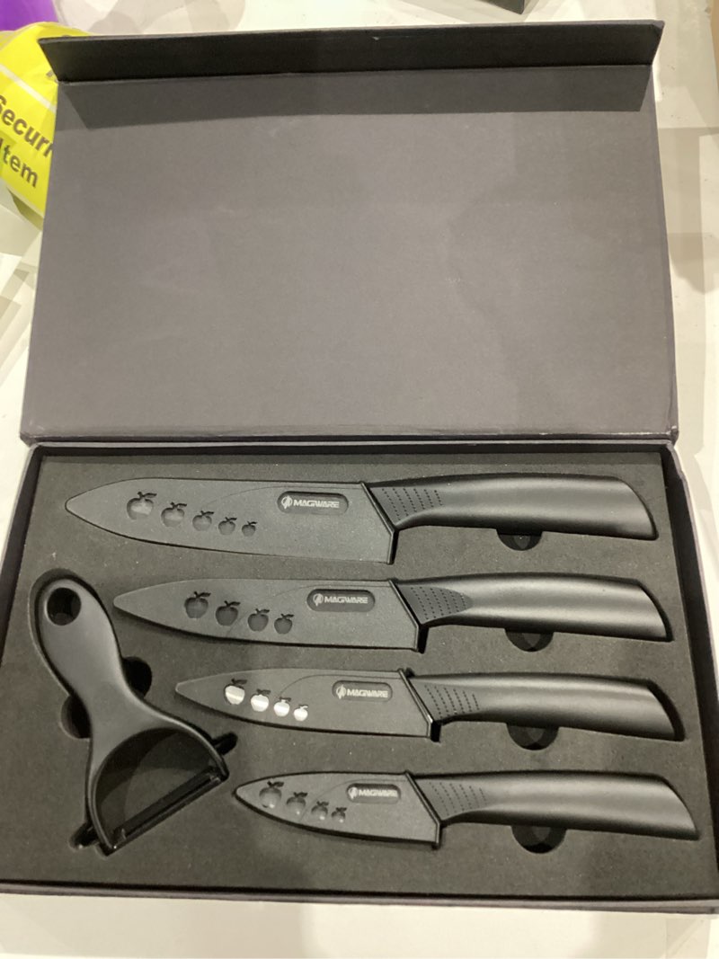 Condition photo showing Good Condition for 5-Piece Chef Ceramic Knife Set (4 Ceramic Knives 4 Blade Guard and 1 Peeler), Never Rust Never Oxidize Food Stain Proof 5 pack black