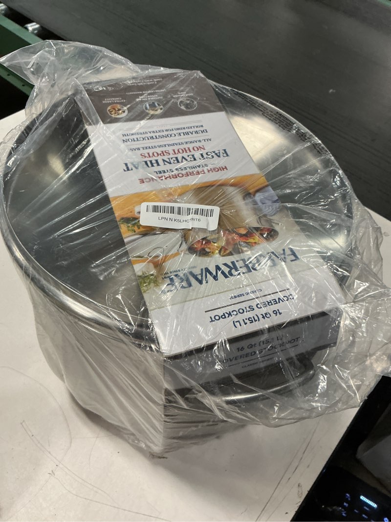 Condition photo showing New/Like New for Farberware Classic Stainless Steel Stock Pot/Stockpot with Lid - 16 Quart, Silver Stockpot (16 Quart) Stainless Steel