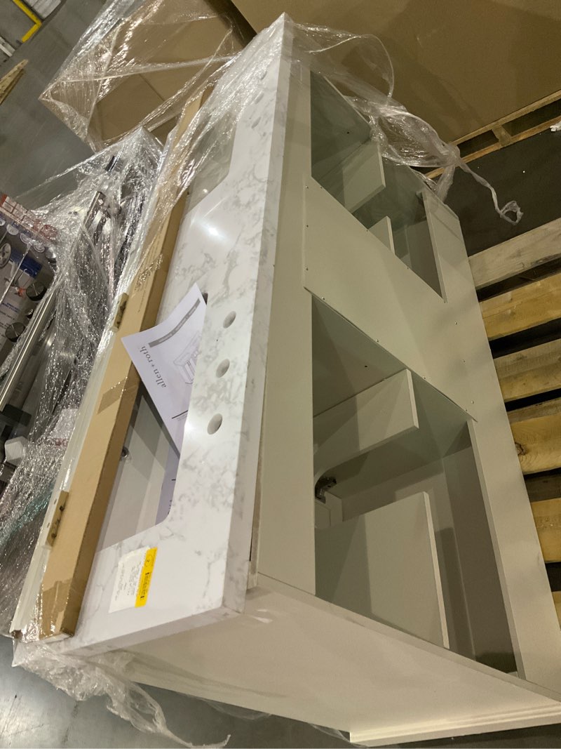 Condition photo showing As Is for allen + roth pittman 60-in muse gray undermount double sink bathroom vanity