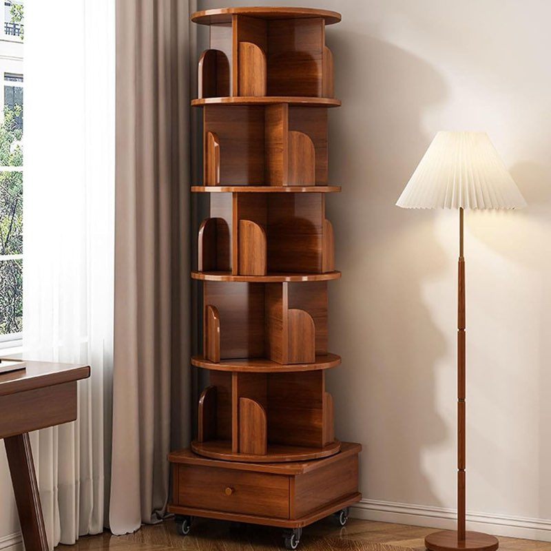 6-Tier Round Rotating Bookshelf With Storage Drawer, Mid-Century 360 Spinning Bookcase Tower With Wheels,68" Revolving Wood Bookshelf For Bedroom, Living Room, Study