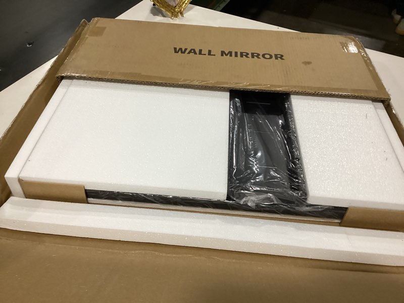 Condition photo showing As Is for WONSTART Bathroom Mirror with Shelf, Black Rectangle Wall Mirror Metal Frame, Hanging Horizontal or Vertical (24'' X 20'') Black 24.4"L x 20.3"W