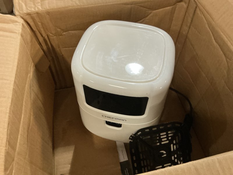 Condition photo showing As Is for chefman 2 qt mini air fryer – digital space-saving compact air fryer with nonstick and dishwasher safe basket, quick & easy meals in minutes, features digital timer and shake reminder – white 2 quart white