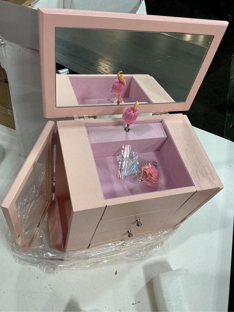 Condition photo showing New/Like New for emfogo jewelry box for girls, musical jewelry box with spinning dancer gifts for little girls christmas new year birthday children's day, 5 layer large wooden kids music jewelry organizer box(pink)