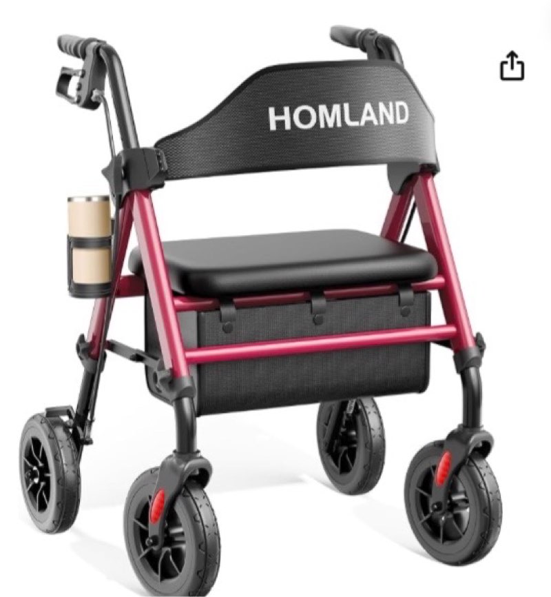HOMLAND Walkers for Seniors with Seat, Foldable Rollator Walker, Reinforced Aluminum Frame, 8" Big Rubber Wheels for All Terrain, Height Adjustable Lightweight Rolling Walker