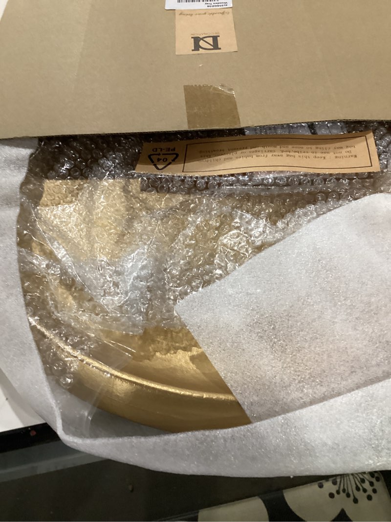 Condition photo showing New/Like New for DN Decoration14 Inch Large Gold Decorative Tray, Round Wooden Trays for Home Decor, Coffee Table Trays Decor for Perfume, Jewelry, Living Room, Table Centerpiece, Bathroom, Ottoman 14" Shiny Gold 14.5"