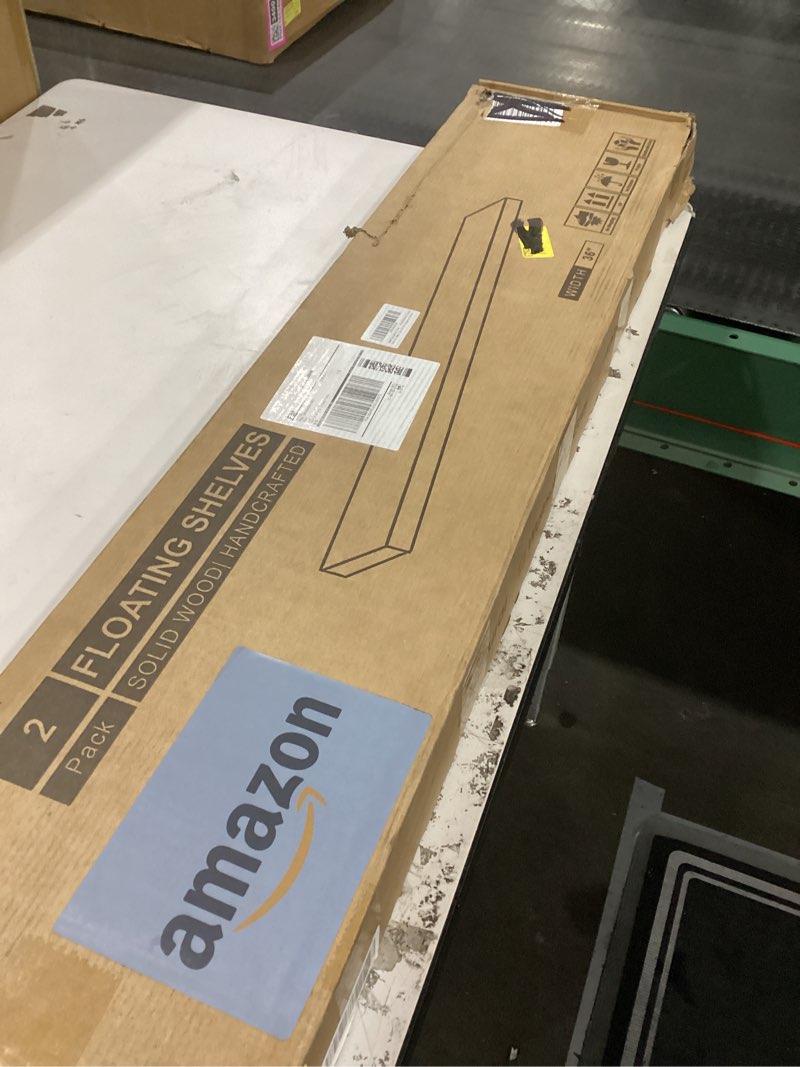 Condition photo showing New/Like New for Axeman Floating Shelves for Wall, 8 Inch Deep Rustic Solid Elm Wood Wall Shelves for Storage, Wall Mounted Display Shelving with Invisible Heavy-Duty Metal Bracket, 36'' Width Set of 2, Natural Natural 36 inches