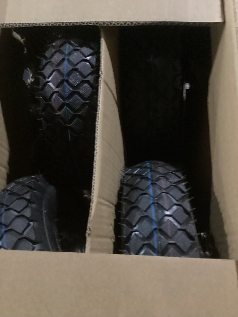 Condition photo showing Good Condition for 10 inch pneumatic casters set of 4 (2 swivel/2 rigid),heavy duty casters,tolerable 1300 lbs,rubber knobby tread for workbench, cart, trolley,wagon and shelves