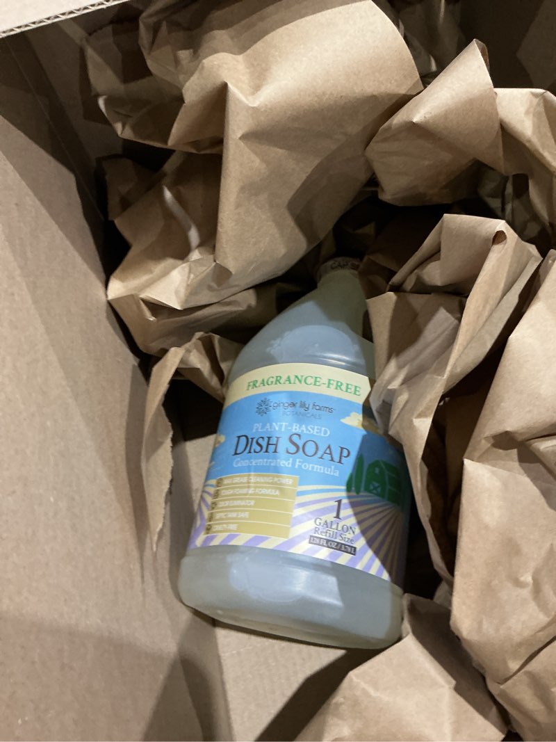 Condition photo showing Good Condition for ginger lily farms botanicals plant-based liquid dish soap, concentrated formula with max grease cleaning power, cruelty-free, fragrance-free, 1 gallon refill (128 fl. oz.), clear fragrance free 128 fl oz (pack of 1)