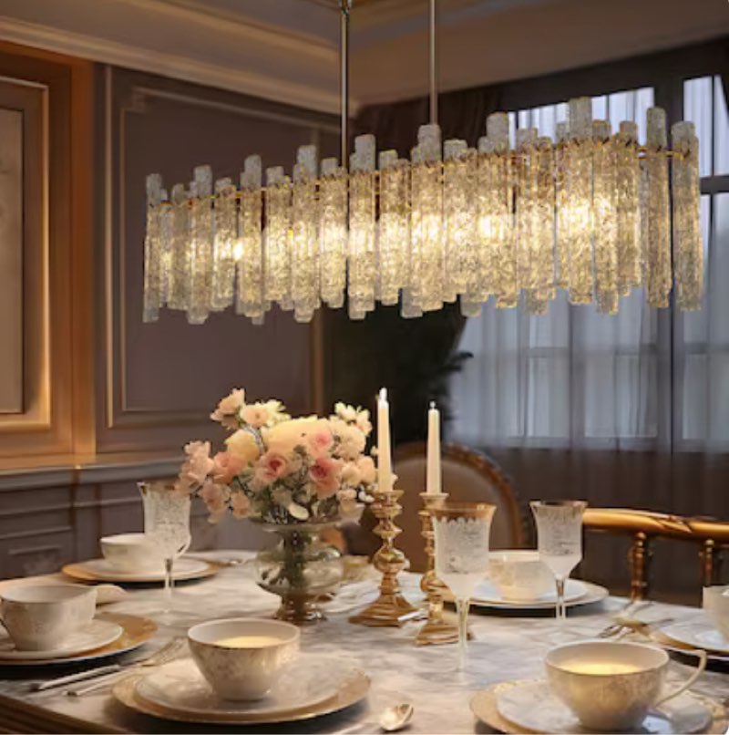 LNC Engaveric 39'' 6 -Light Polished Gold Finish and Glacier Strip Glass Modern/contemporary