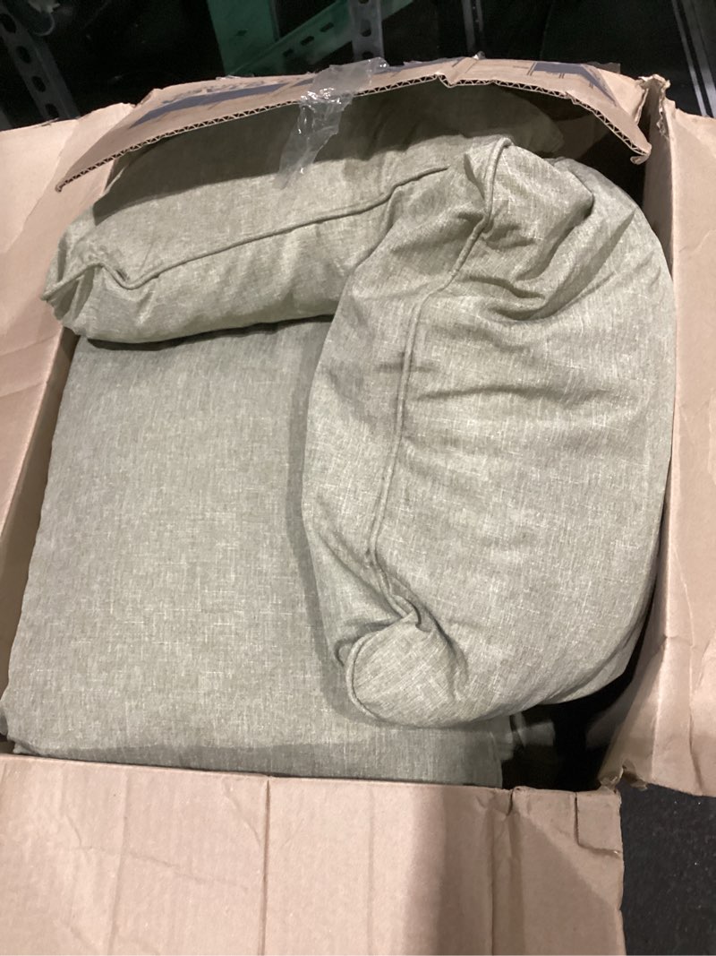 Condition photo showing As Is for summsun water resistant outdoor chair cushions, faux linen backrest and seat cushion set with ties, removable cover, non-slip bottom for patio furniture, 19 x 19 inch, mocca green, set of 4 mocca green 4p/19*19+19*17 inch