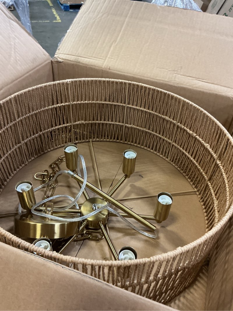 Condition photo showing As Is for 24'' boho rattan chandelier, 4-light hand-woven wicker pendant lamp, rustic modern ceiling light fixture for dining room, kitchen island, living room, bedroom, foyer, entryway, over table(similar)