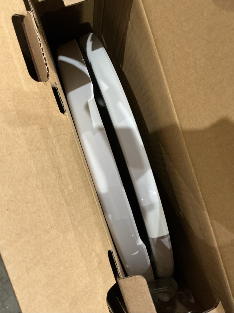 Condition photo showing As Is for delta faucet morgan round front slow-close white toilet seat with non-slip seat bumpers, white 801903-wh
