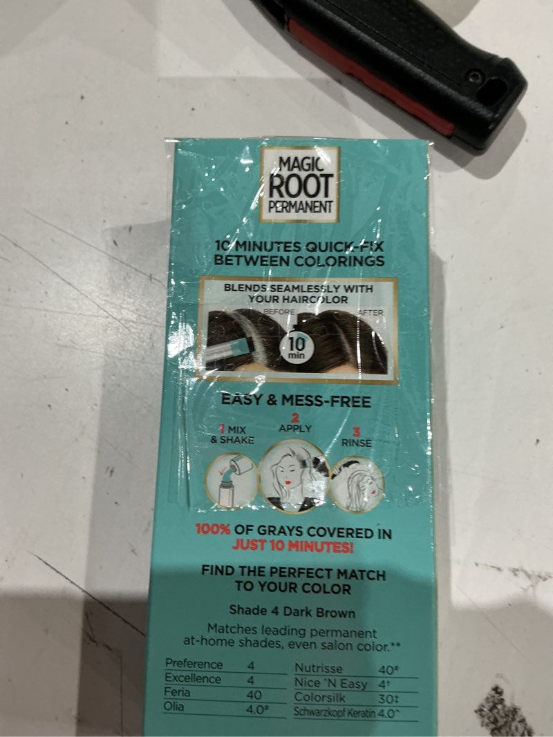 Condition photo showing Good Condition for l'oreal paris magic root rescue 10 minute root hair coloring kit, permanent color with quick precision applicator, 100 percent gray coverage, 4 dark brown, 1 kit (packaging may vary) 4 dark brown 1 count (pack of 1)