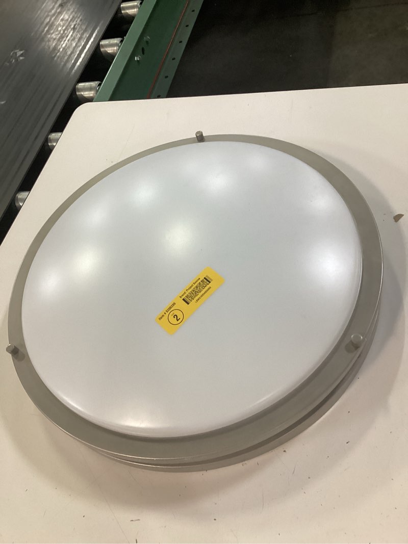 Condition photo showing As Is for lighting 14-inch flush mount ceiling fixture,1450 lumens, white acrylic diffuser with brushed nickel trim