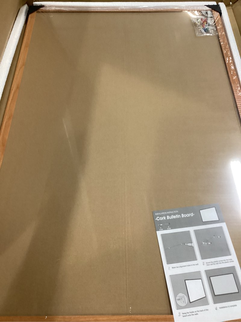 Condition photo showing New/Like New for cork board bulletin board 24 x 36, wood framed corkboards for wall decor, hanging office message board, large wall mounted notice pin board with 15 push pins for school, home & office 1 pack 24" x 36"