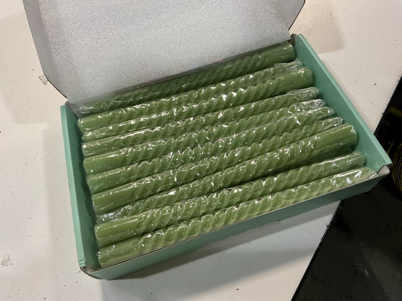 Condition photo showing New/Like New for 20 pack 10 inch sage-green spiral taper candles for christmas and spring home decoration, unscented dripless twisted candlesticks for dinner st. patrick's day earth day and garden parties sage green